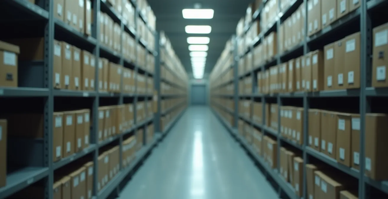 Vue d'ensemble de dossiers d'archives militaires organisés dans un centre de conservation