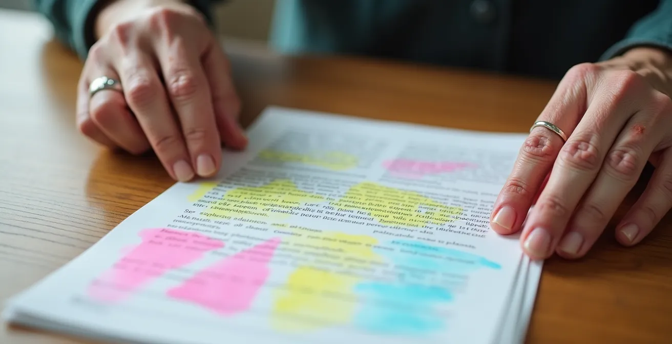 Gros plan sur des mains de senior tenant une attestation fiscale avec surlignages colorés indiquant les montants importants