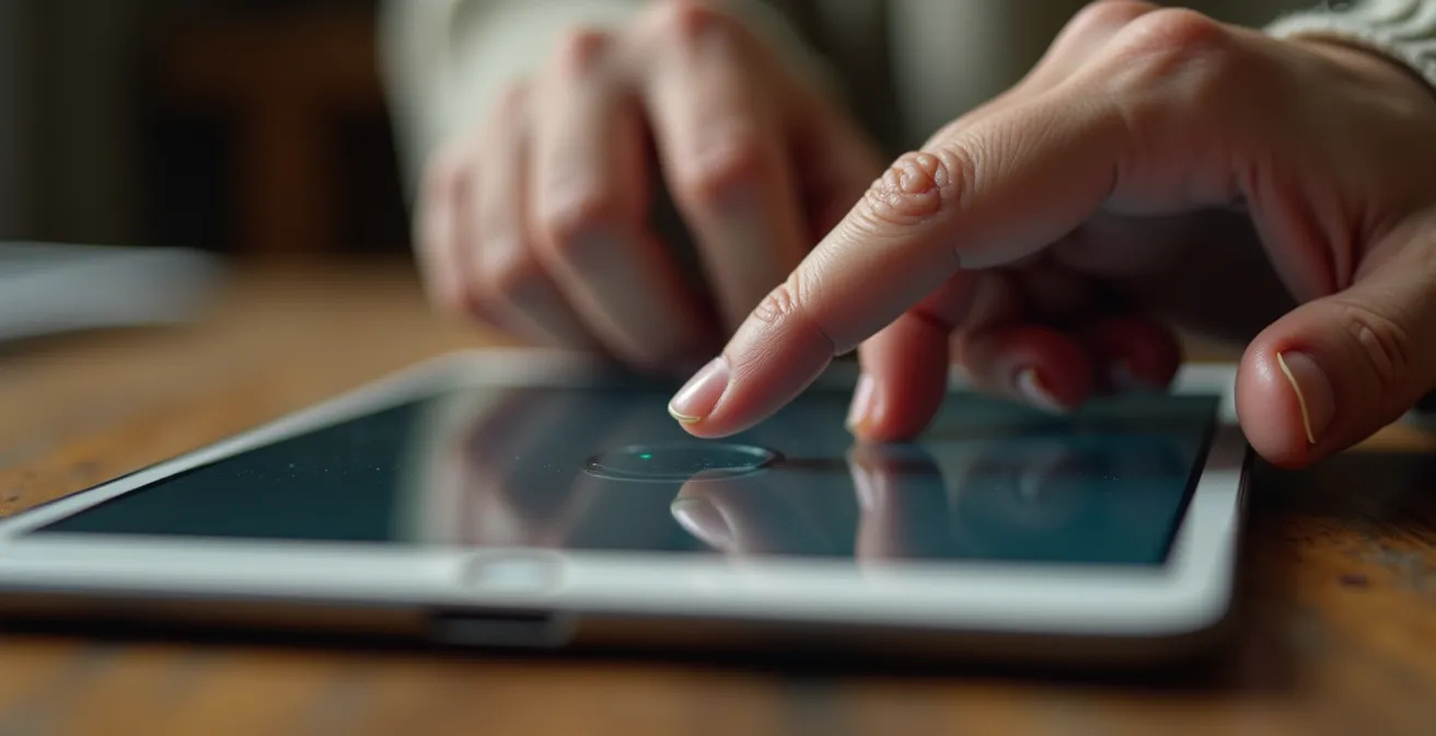 Personne âgée utilisant une tablette pour consulter ses comptes avec interface simplifiée floue