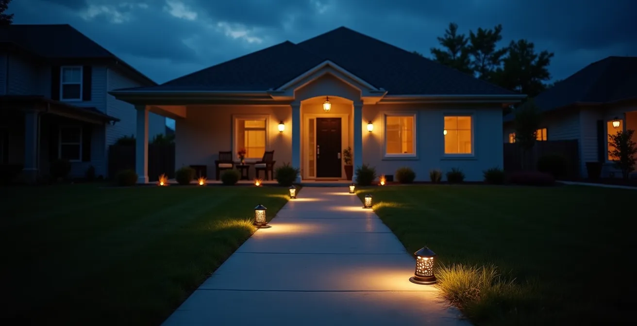 Vue nocturne d'une entrée de maison avec numéro illuminé et chemin éclairé