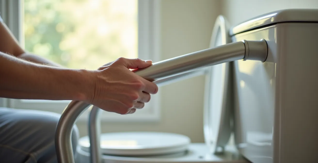 Barre d'appui relevable installée dans des toilettes compactes