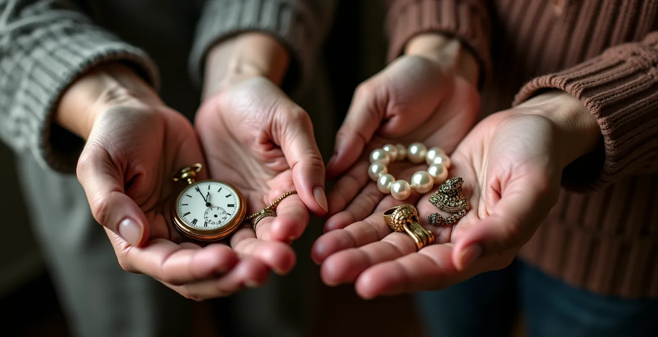 Mains de trois générations tenant délicatement des bijoux de famille anciens