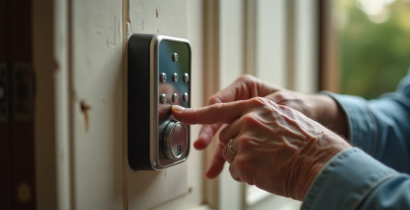 Main d'une personne âgée utilisant un boîtier à code sécurisé pour l'accès au domicile