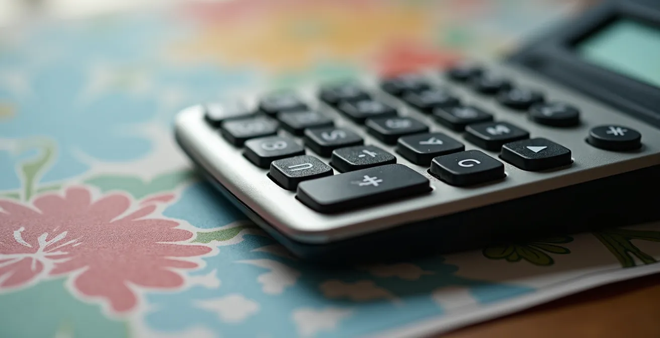 Gros plan macro sur calculatrice avec papiers flous en arrière-plan