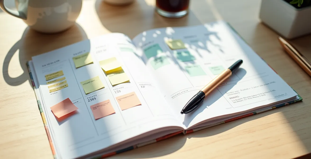 Calendrier de planification avec marqueurs colorés indiquant les périodes optimales de retrait du PER