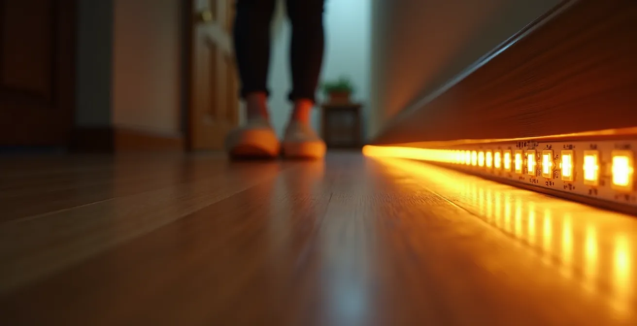 Couloir avec ruban LED créant un chemin lumineux doux le long du sol
