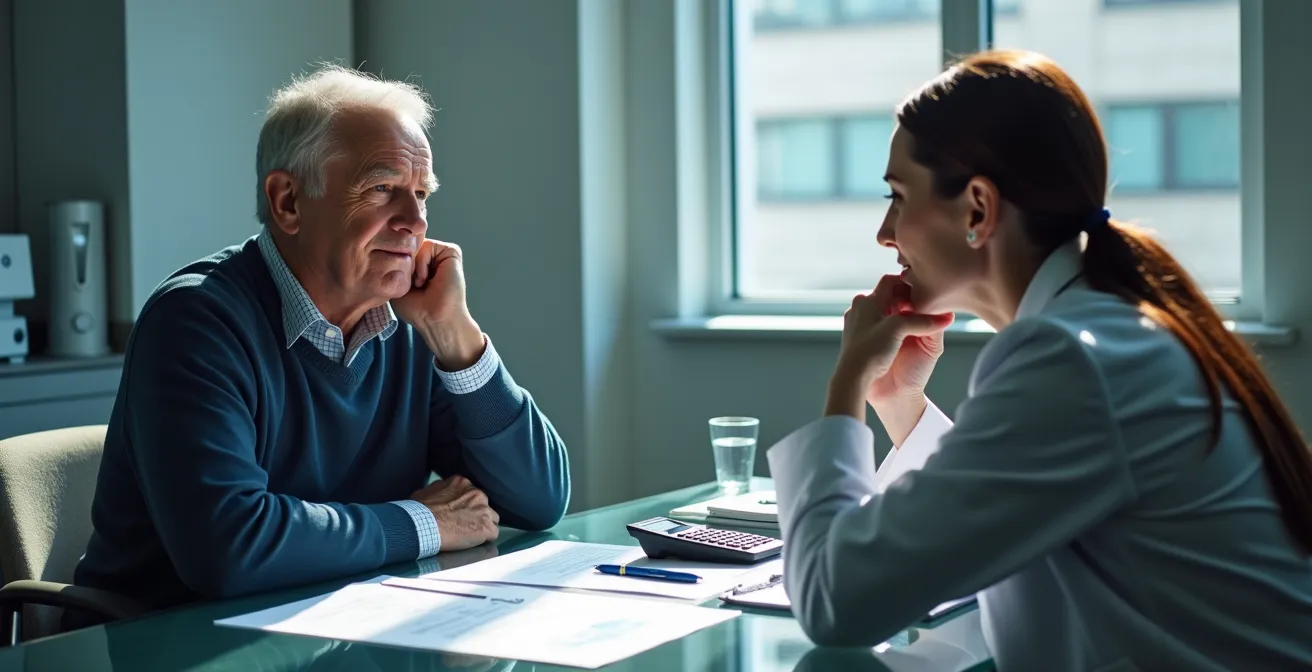 Discussion entre un chirurgien et un patient senior dans un cabinet médical moderne