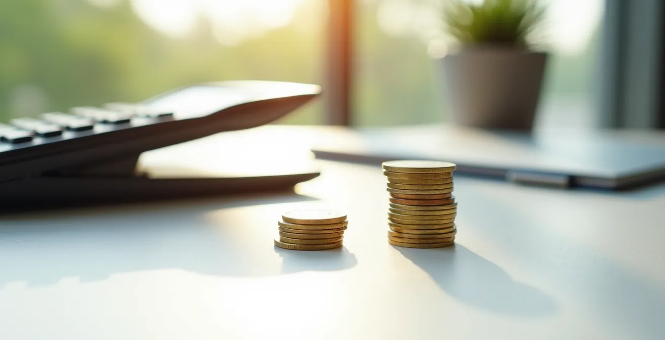 Une calculatrice et deux piles de pièces de monnaie de tailles différentes, illustrant la différence de coût réel entre un service déclaré et non déclaré.