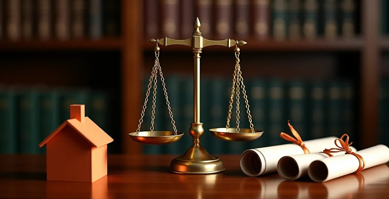 Balance symbolique équilibrant une maison miniature et des documents financiers