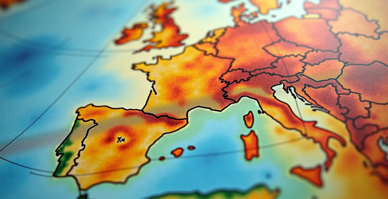 Vue macro de cartes météorologiques colorées montrant les variations climatiques saisonnières