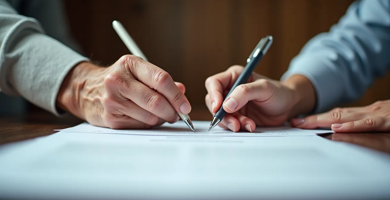 Mains signant un contrat d'aide à domicile avec documents administratifs