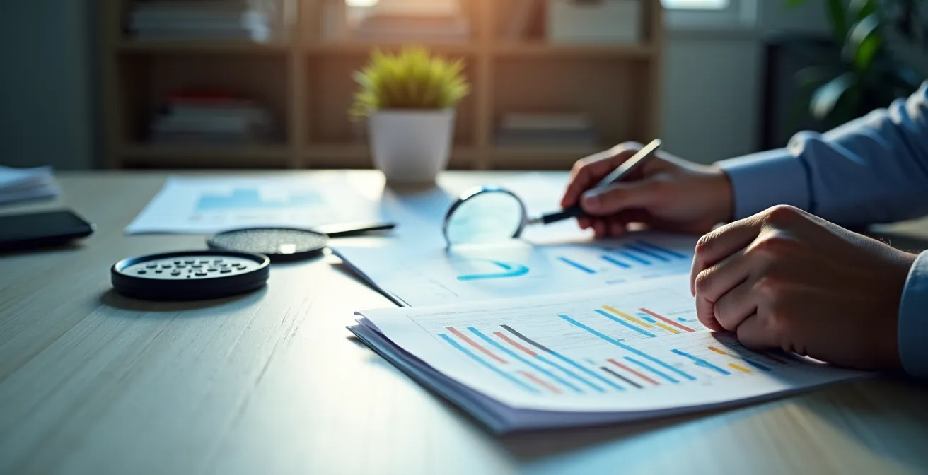 Personne examinant attentivement des documents financiers avec calculatrice et loupe sur bureau organisé
