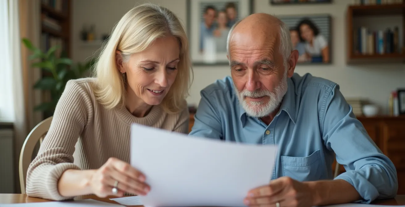 Couple de seniors examinant des documents familiaux autour d'une table