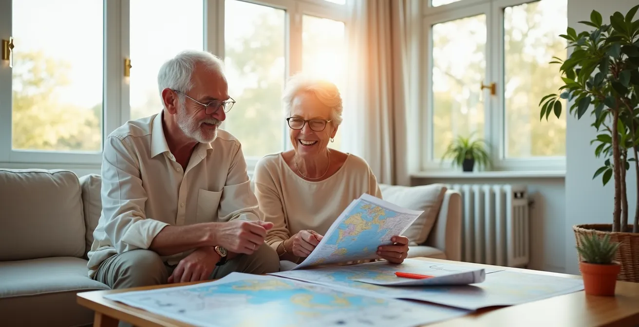Couple de seniors souriants étudiant une carte de France avec brochures de voyage