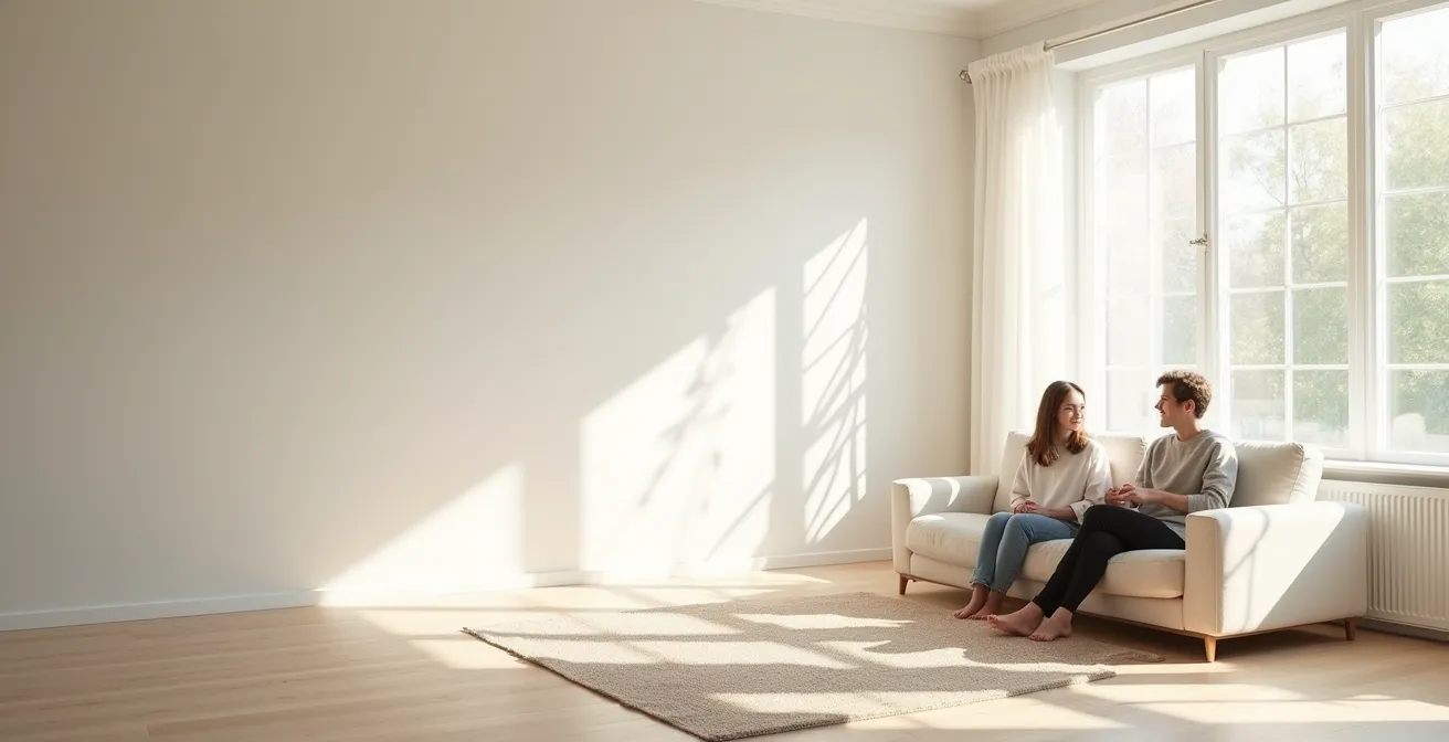 Conversation chaleureuse entre parent âgé et enfant adulte dans un salon lumineux et accueillant