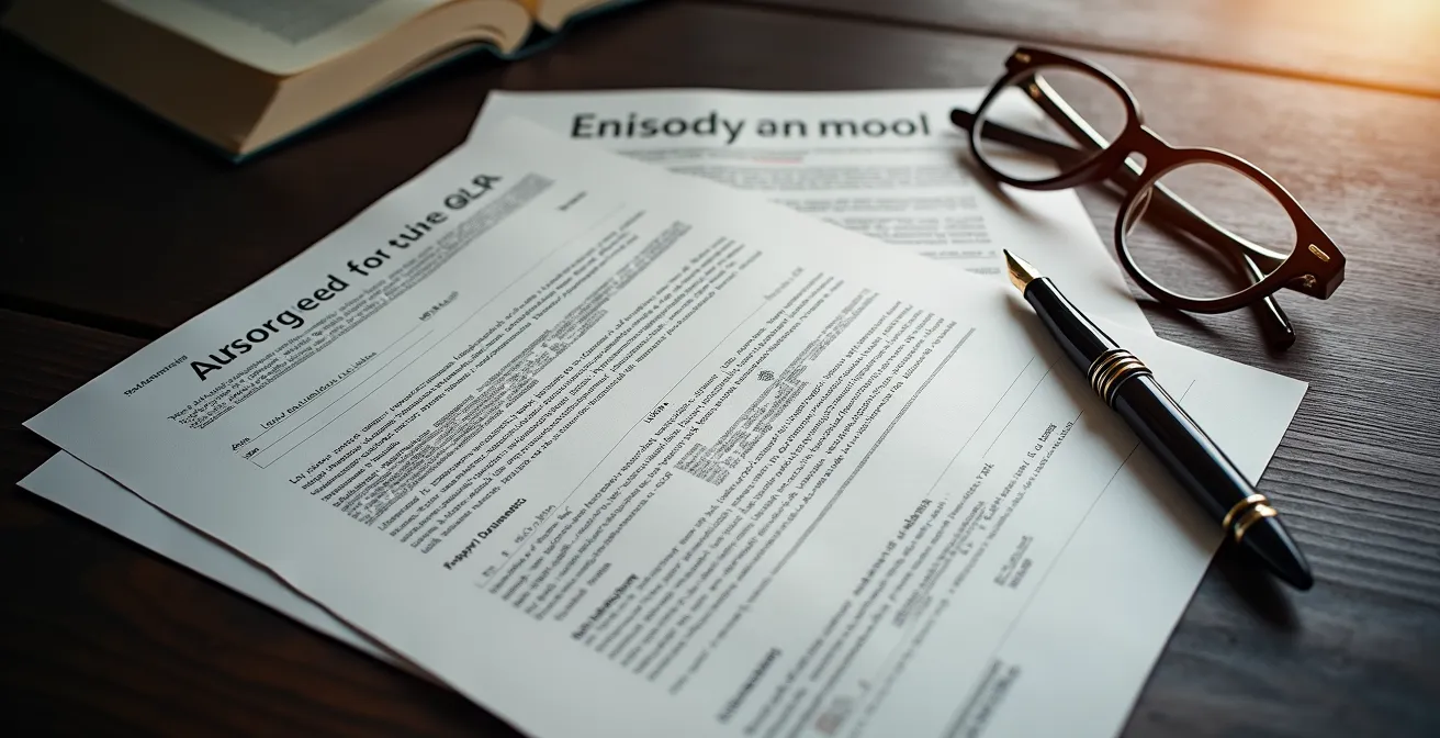 Vue aérienne de documents administratifs éparpillés sur un bureau en bois avec stylo plume
