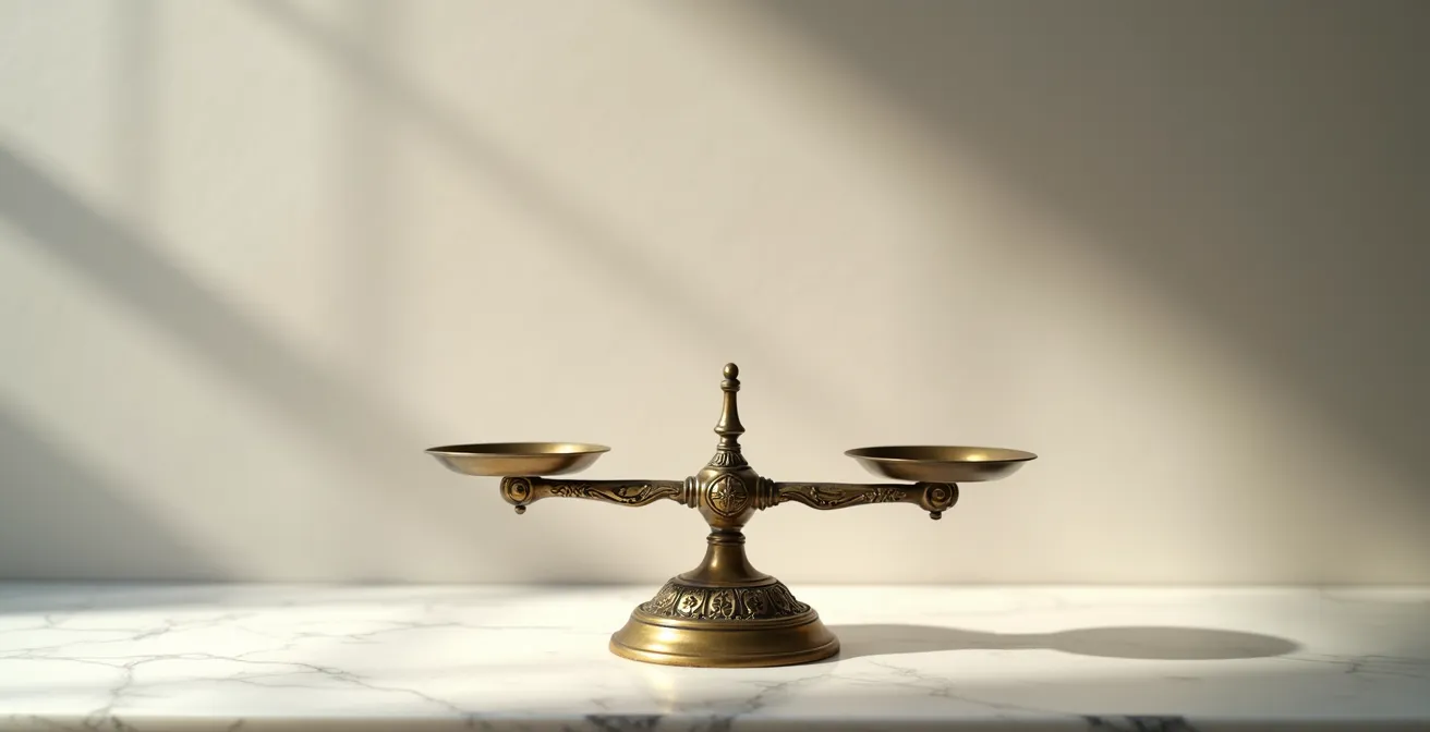 Balance ancienne en équilibre symbolisant l'équité dans la transmission du patrimoine familial