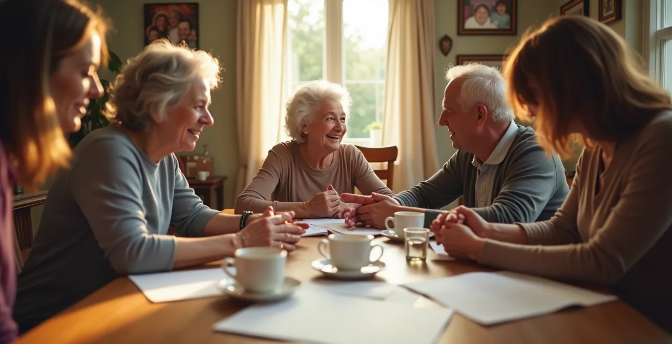 Famille multigénérationnelle réunie autour d'une table discutant avec empathie