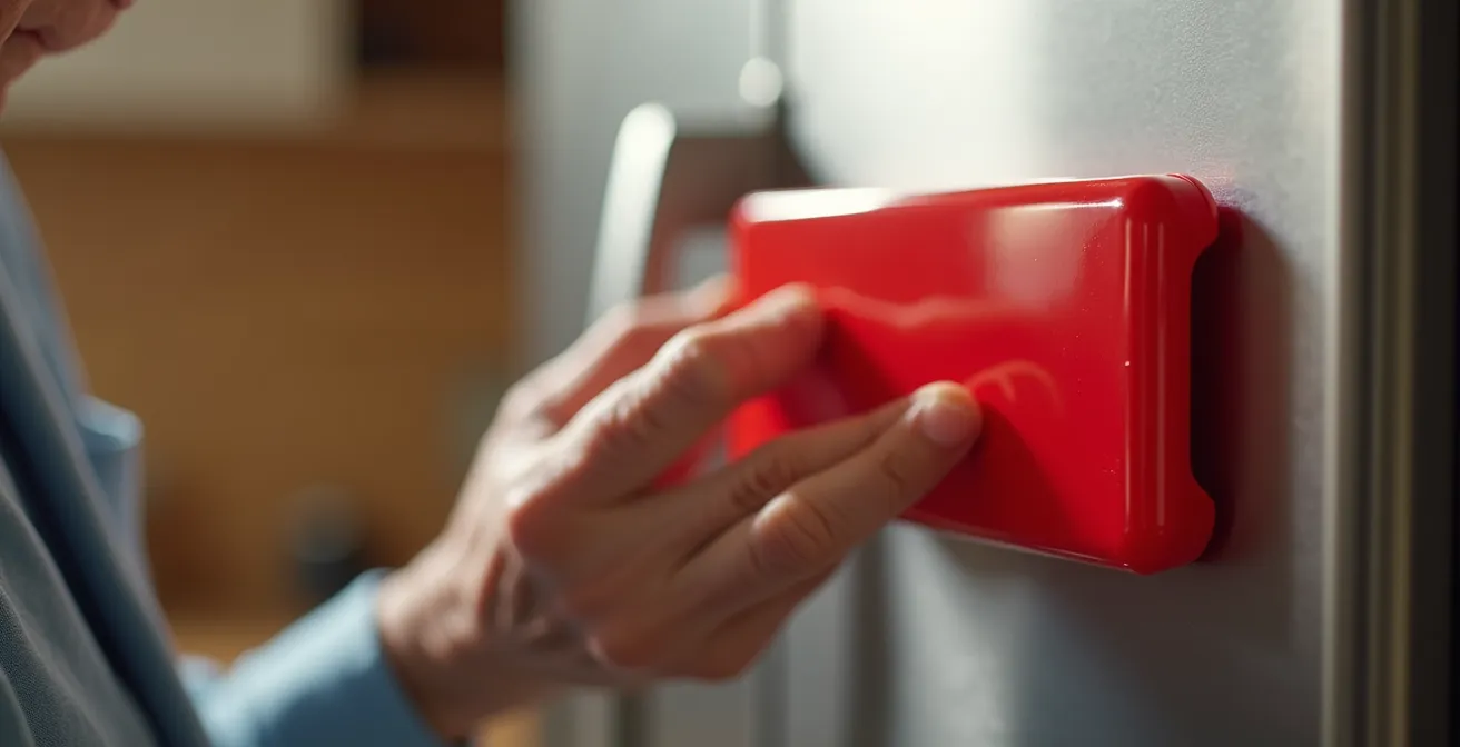 Gros plan sur une main positionnant une pochette plastifiée rouge sur un réfrigérateur