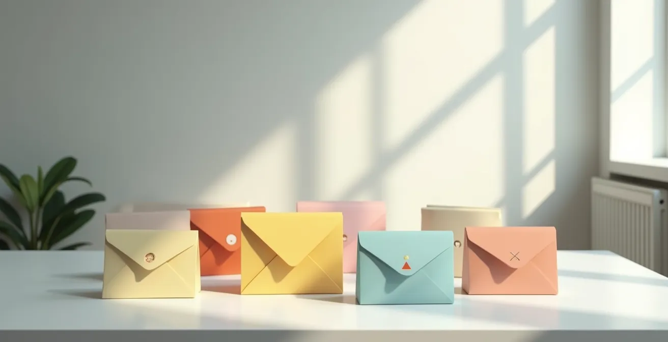 Plan large d'un bureau épuré avec enveloppes colorées étiquetées symbolisant la répartition budgétaire mensuelle