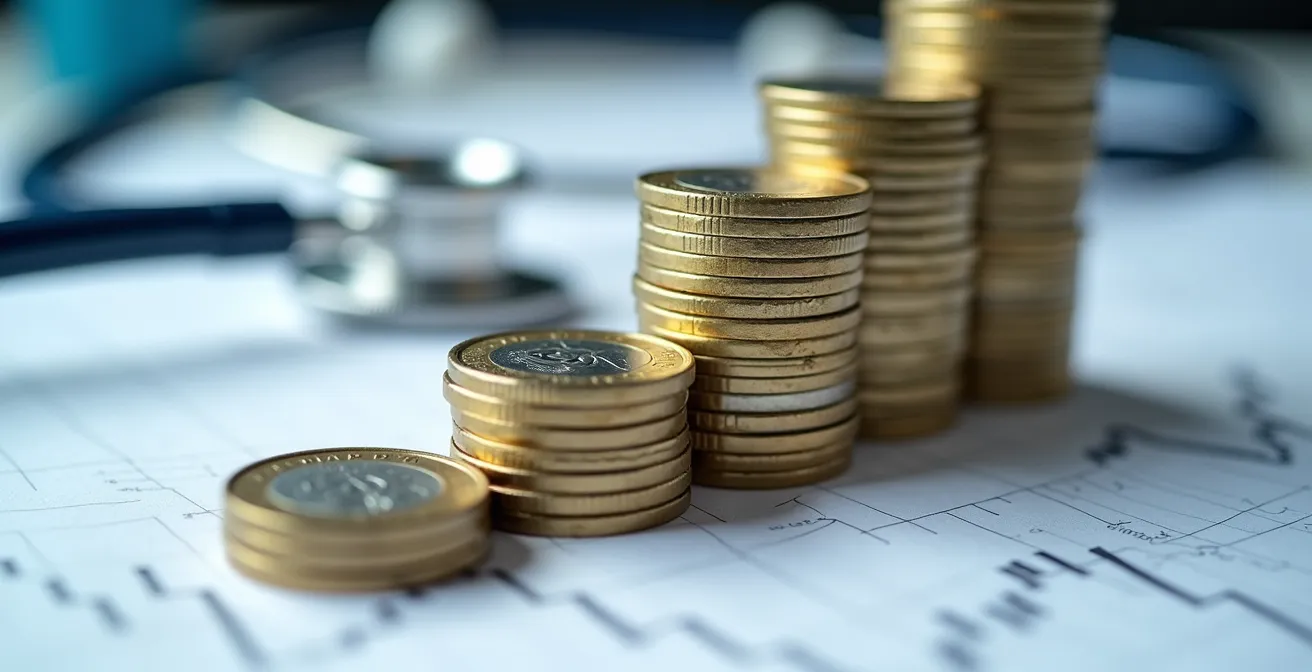 Gros plan sur graphique financier montrant une courbe ascendante avec pièces euros empilées
