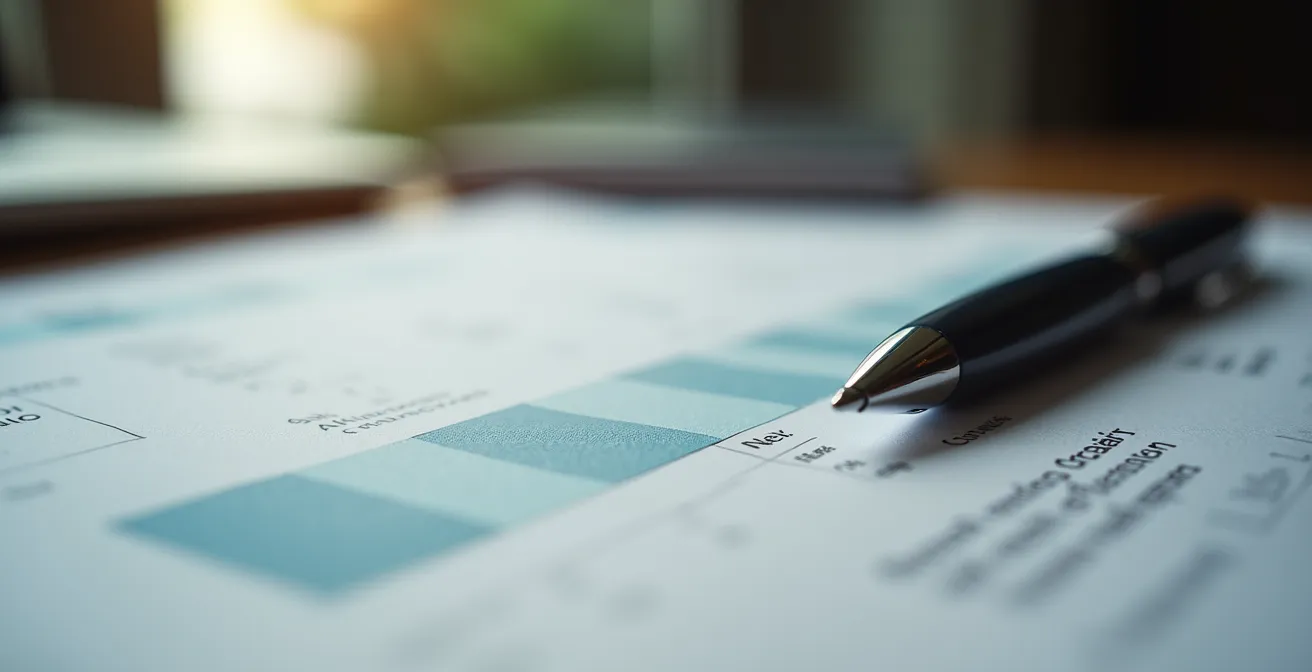Vue macro de documents immobiliers avec mise au point sélective sur des graphiques