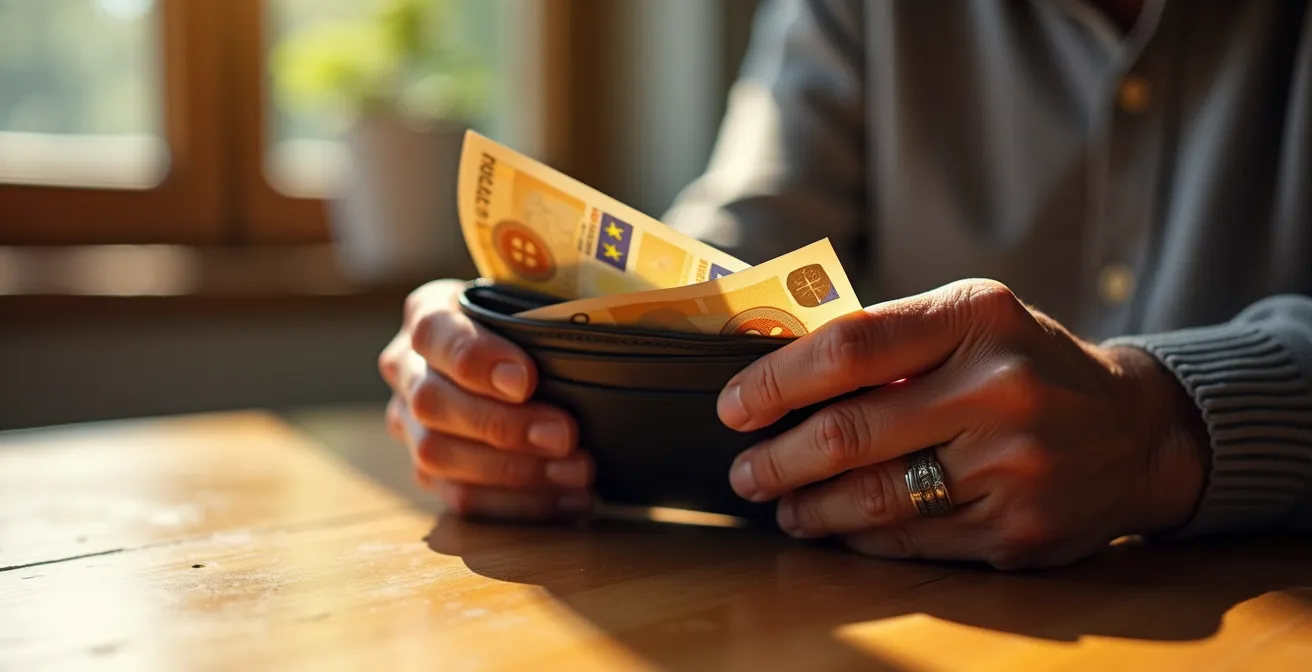 Mains de senior tenant un portefeuille ouvert avec des billets visibles, symbolisant le soulagement financier.