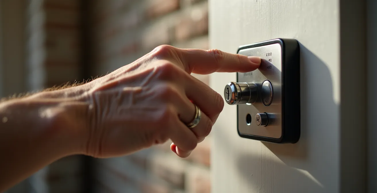 Main de senior utilisant un boîtier à code sécurisé fixé au mur près d'une porte