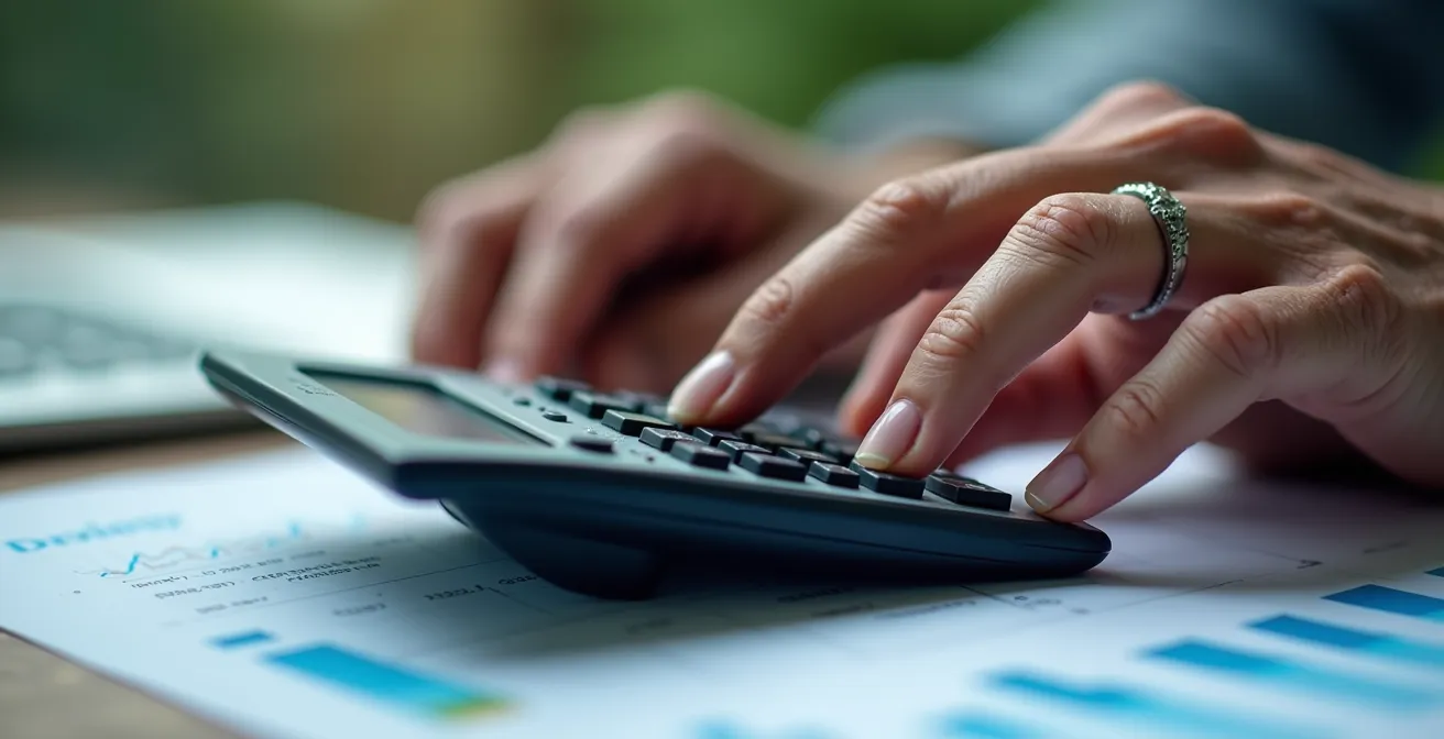 Gros plan sur les mains d'un senior utilisant une calculatrice avec des graphiques financiers flous en arrière-plan