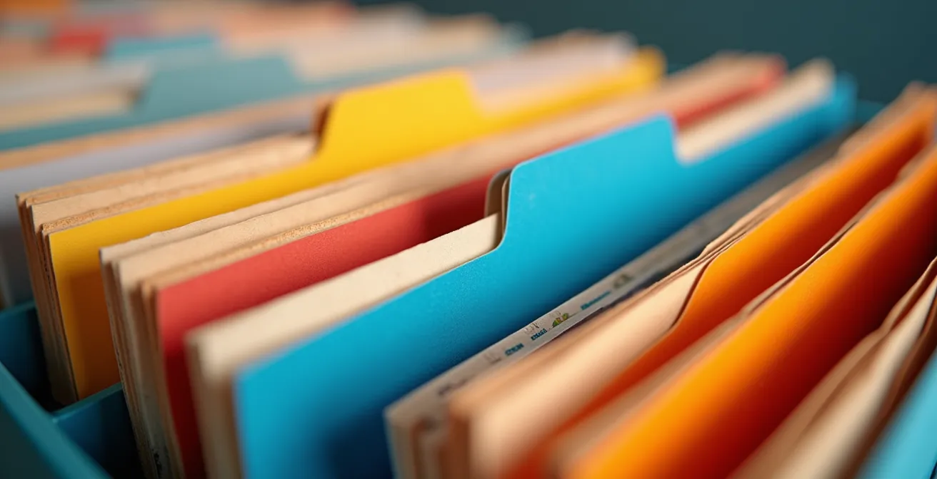 Vue macro de documents importants soigneusement rangés dans des chemises colorées avec des étiquettes abstraites