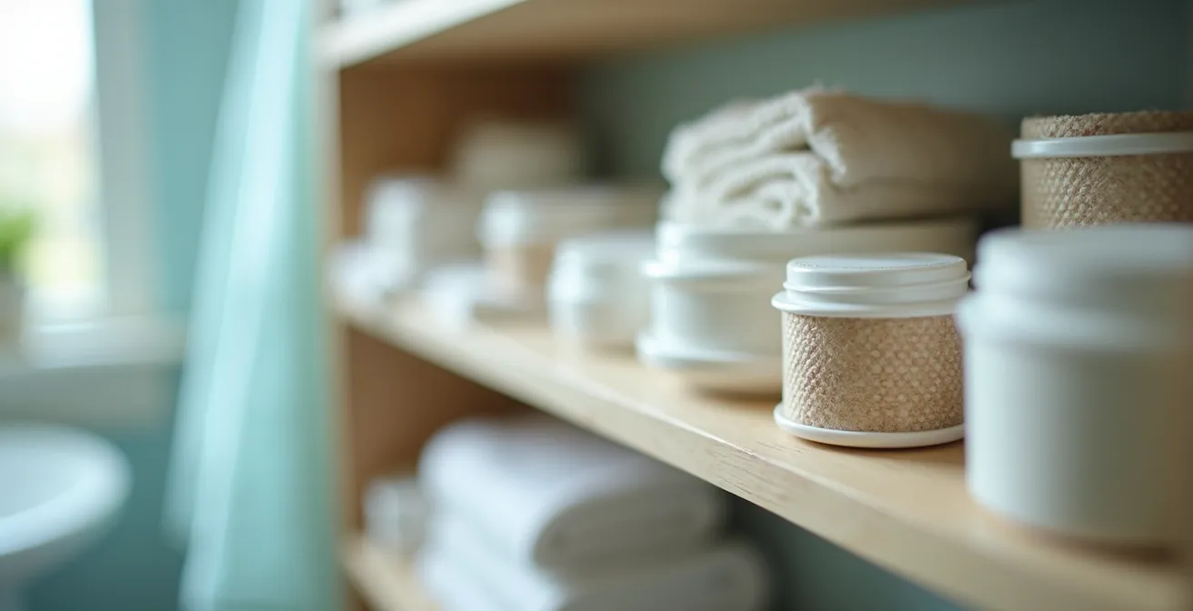 Étagère de salle de bain organisée avec produits d'hygiène adaptés aux seniors