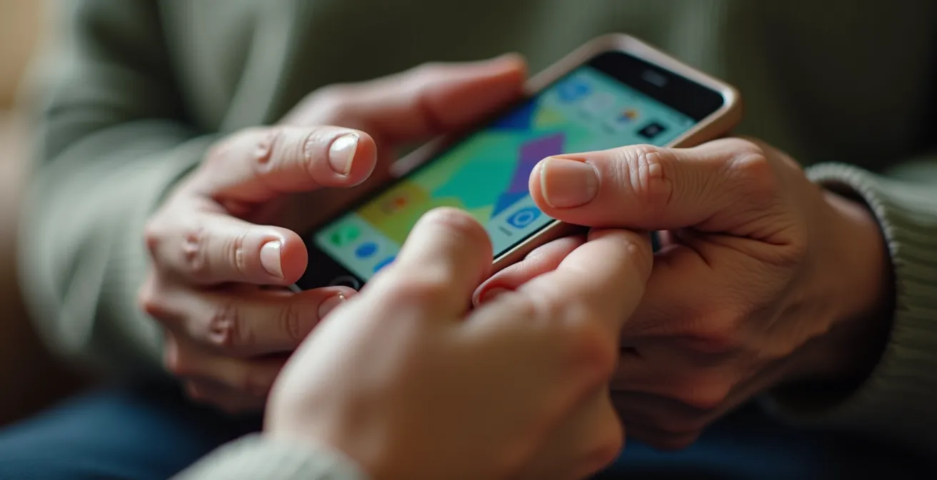 Mains d'une personne âgée manipulant un smartphone avec l'aide d'un proche pour configurer des paramètres