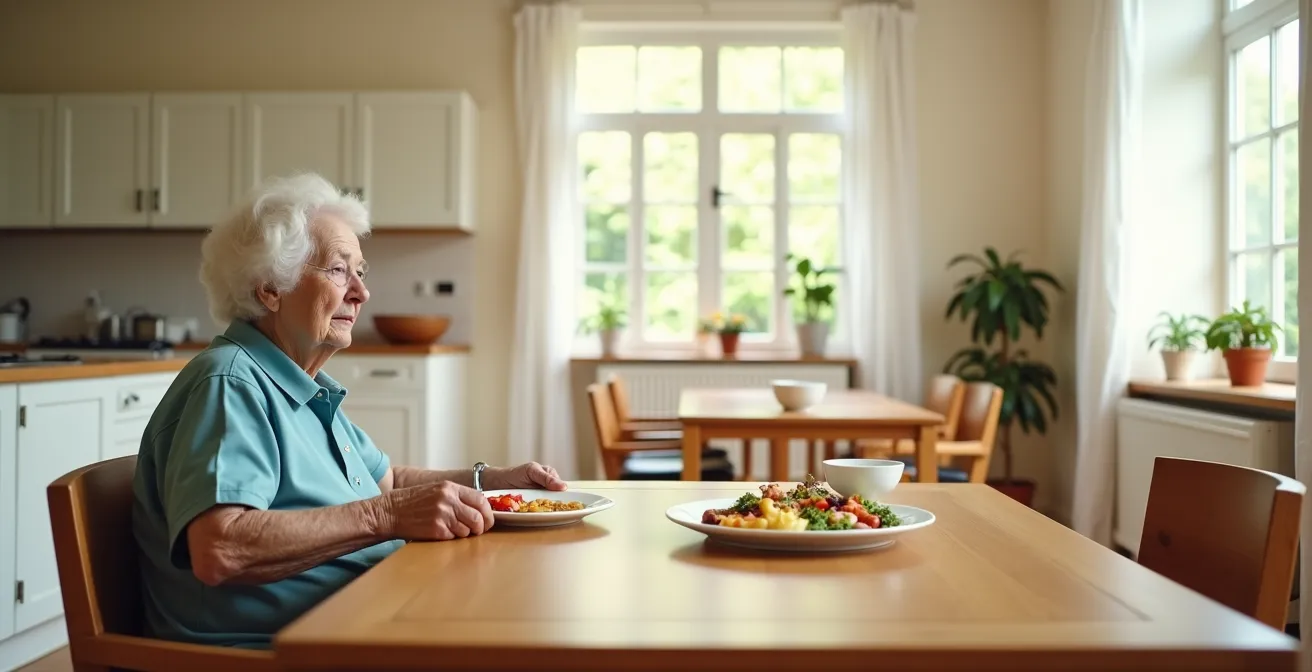 Table dressée avec repas équilibré et mains âgées tenant des couverts