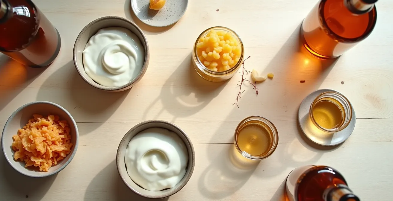 Vue aérienne minimaliste d'aliments fermentés disposés artistiquement sur une table en bois clair