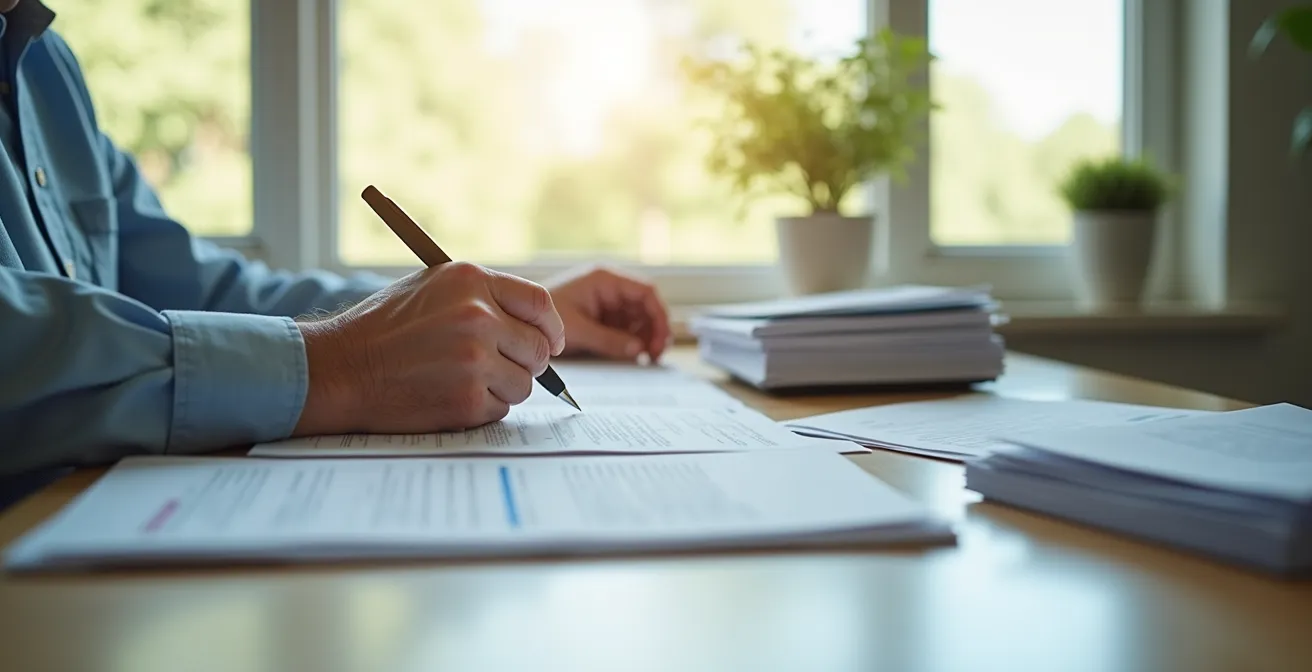 Personne âgée préparant un courrier de contestation avec documents médicaux et formulaires administratifs