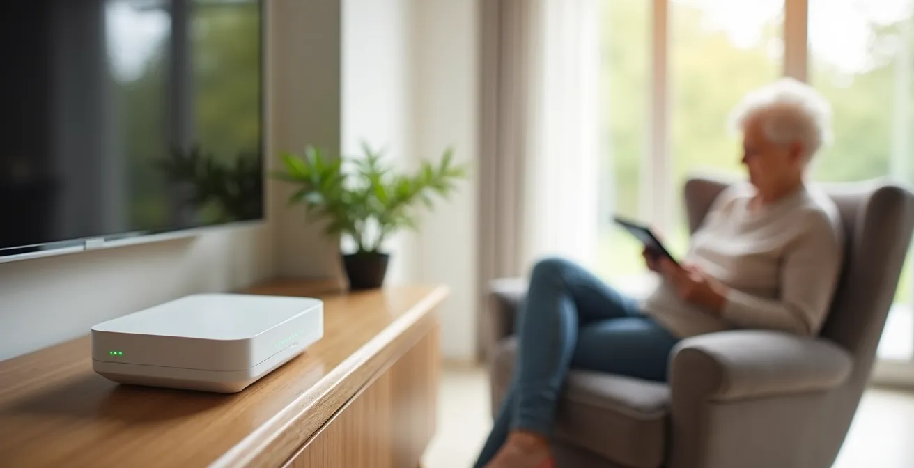 Routeur 4G blanc posé sur un meuble dans un salon de senior