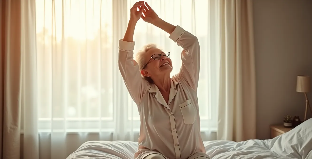 Senior pratiquant des étirements doux au réveil dans sa chambre