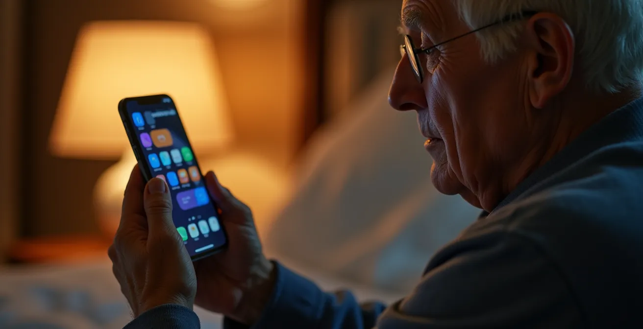 Main de senior tenant un smartphone montrant une interface simple de programmation d'éclairage nocturne