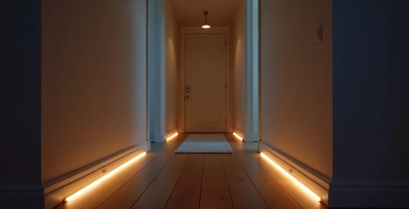 Couloir sécurisé avec éclairage LED automatique au niveau des plinthes