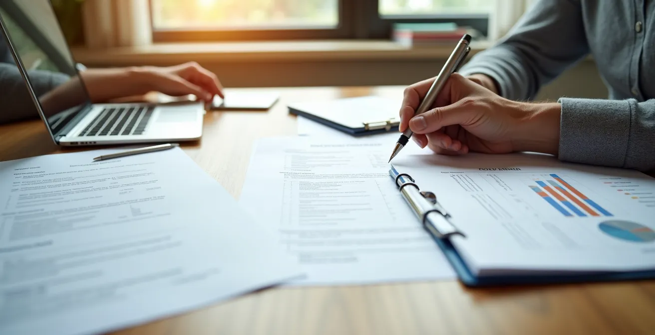 Personne senior comparant des documents de mutuelles sur une table