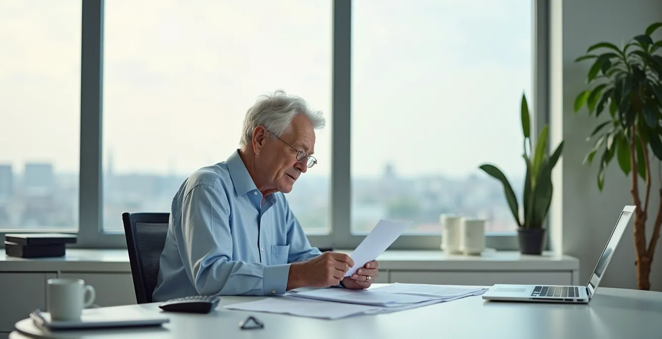 Senior examinant attentivement des documents administratifs dans un bureau lumineux et organisé