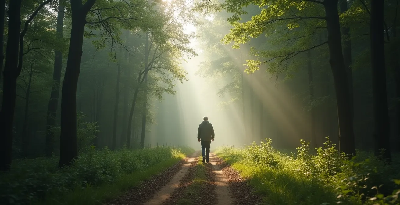 Senior en forêt avec représentation symbolique des différentes technologies de localisation