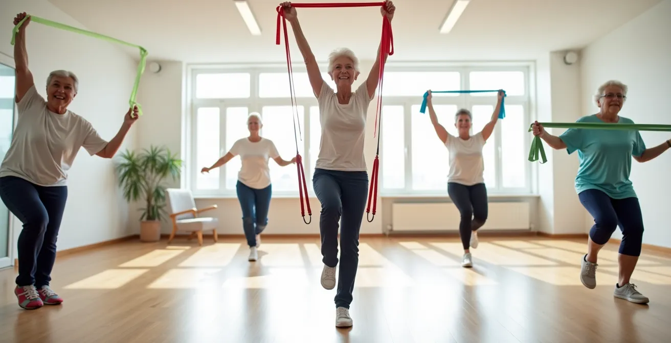 Groupe de seniors pratiquant une activité physique adaptée dans une maison sport-santé