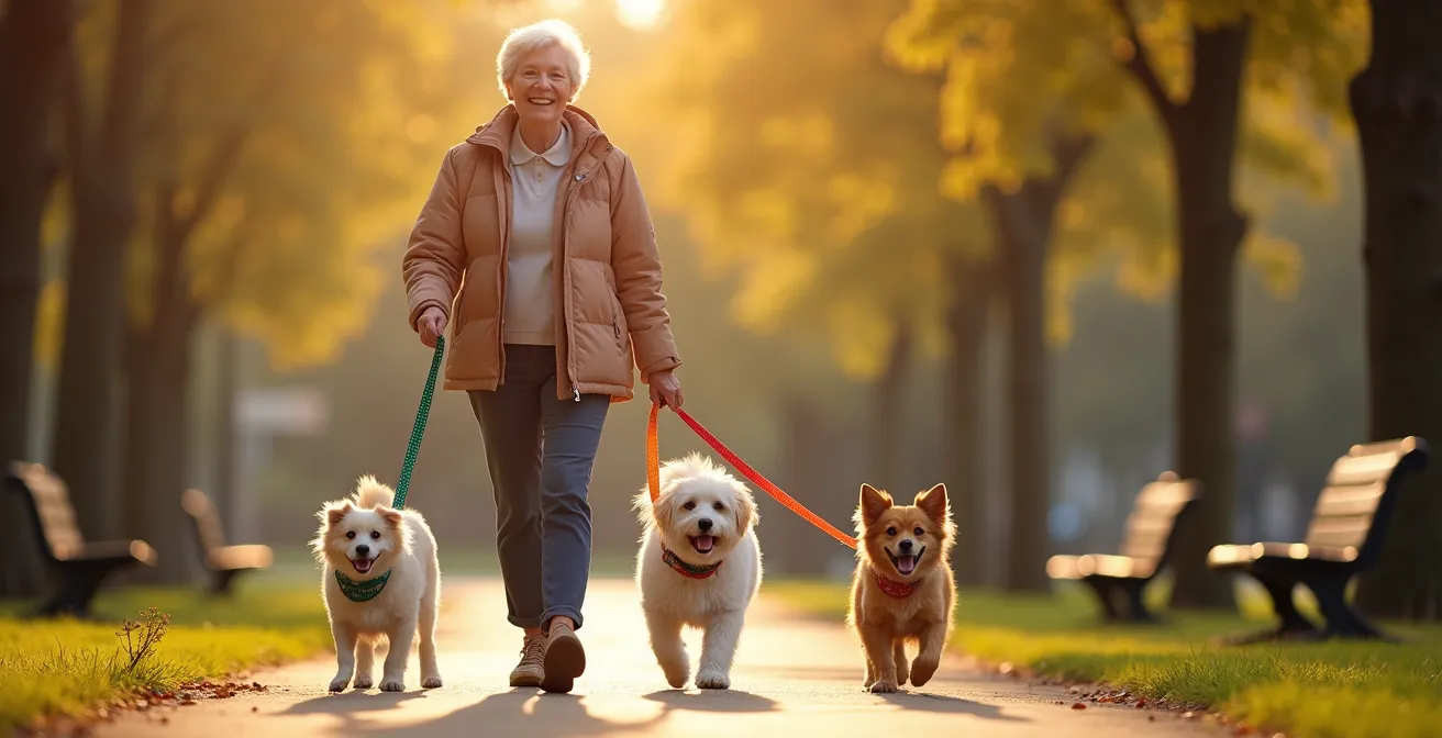 Senior souriant promenant plusieurs chiens en laisse dans un parc verdoyant