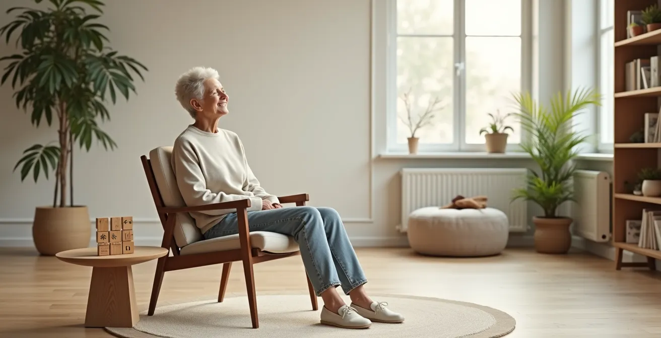 Senior en position détendue pratiquant un exercice de mémoire dans un environnement apaisant