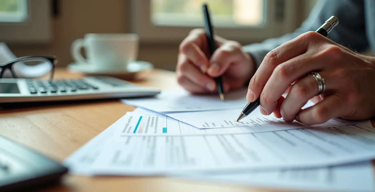 Senior concentré remplissant un formulaire à son bureau avec documents administratifs organisés