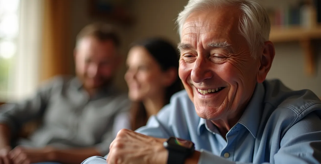 Senior souriant regardant sa montre connectée moderne entouré de sa famille