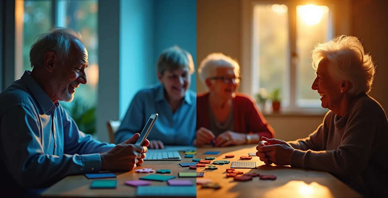 Comparaison visuelle entre utilisation de tablette en solo et atelier de groupe pour seniors