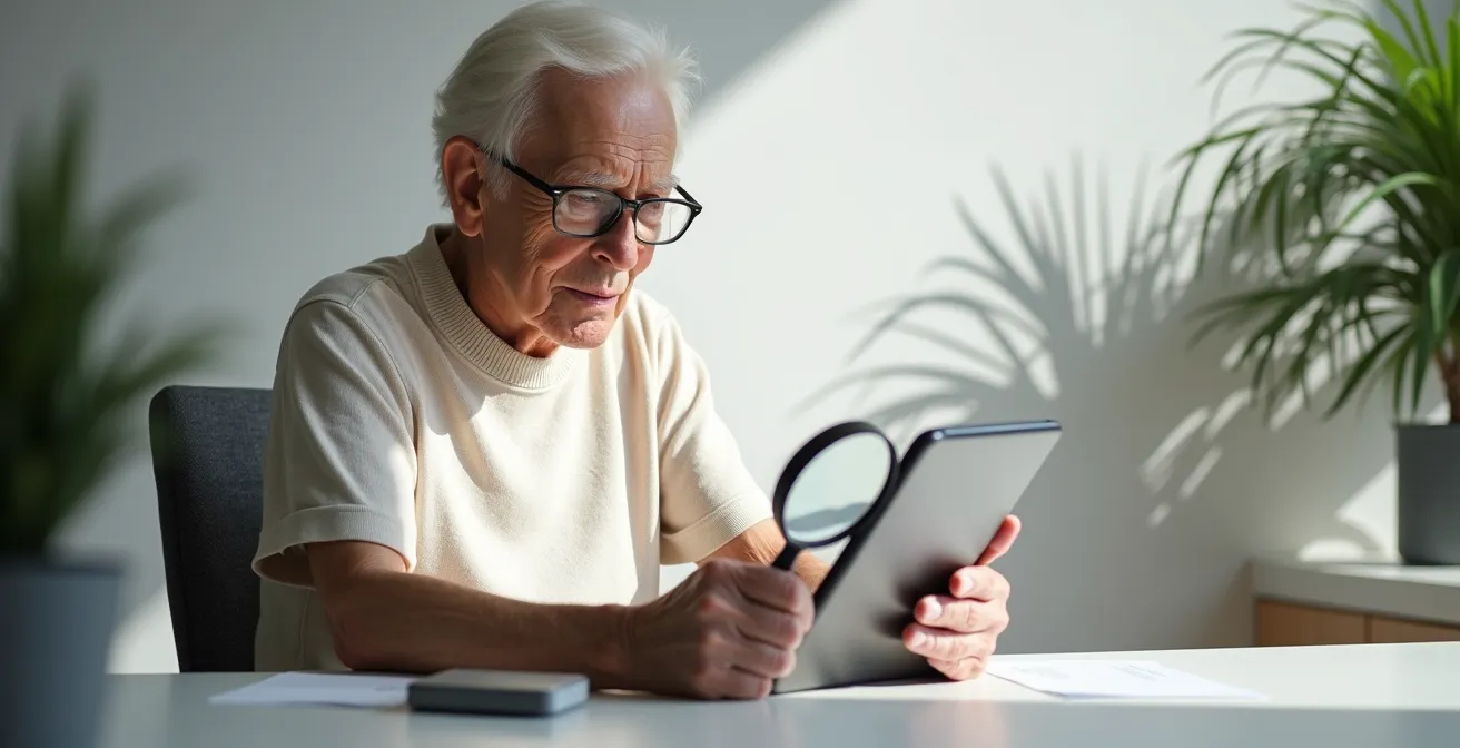 Senior concentré examinant sa tablette avec une loupe, visage éclairé par l'écran dans une ambiance sécurisée