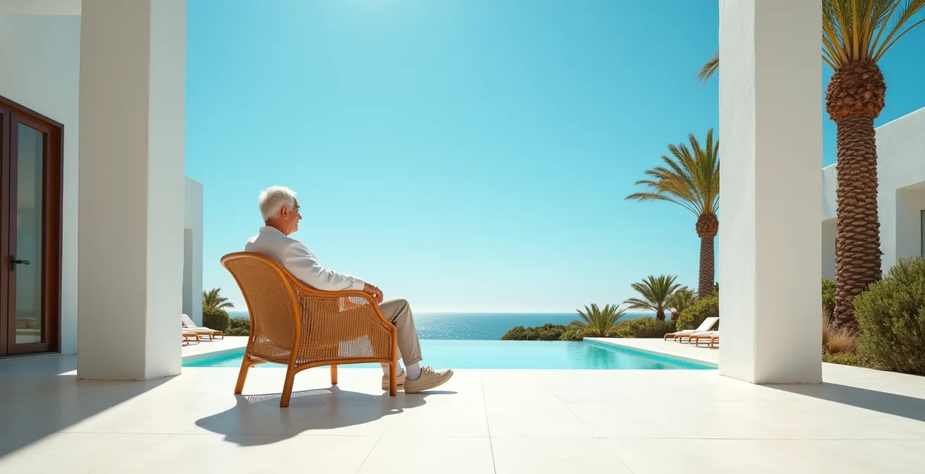Senior souriant sur une terrasse ensoleillée d'hôtel en Tunisie avec palmiers en arrière-plan